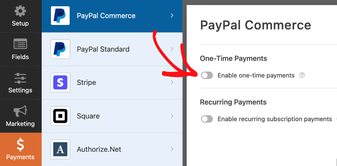 Enable one-time payments 