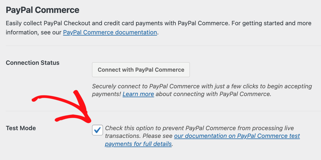 PayPal Commerce test mode setting in WPForms