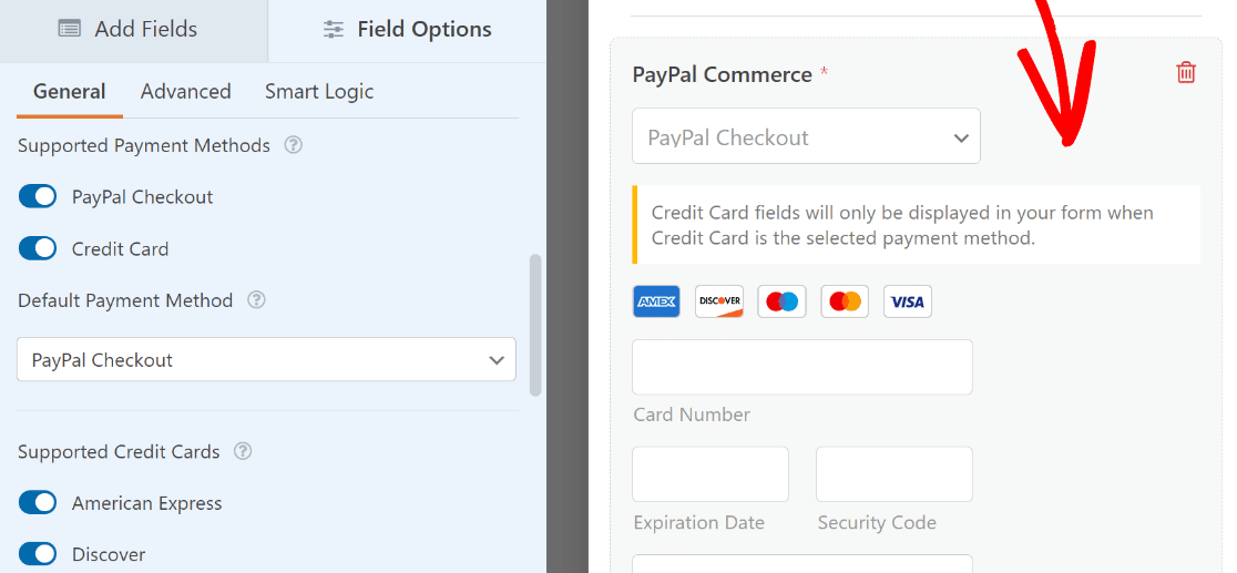 field options PayPal Commerce