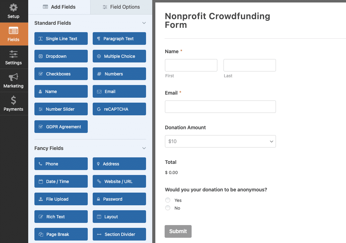 You can use Nonprofit Crowdfunding Form template to start a fundraiser online