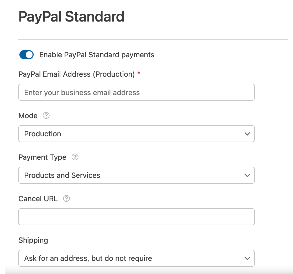 PayPal Standard payments settings