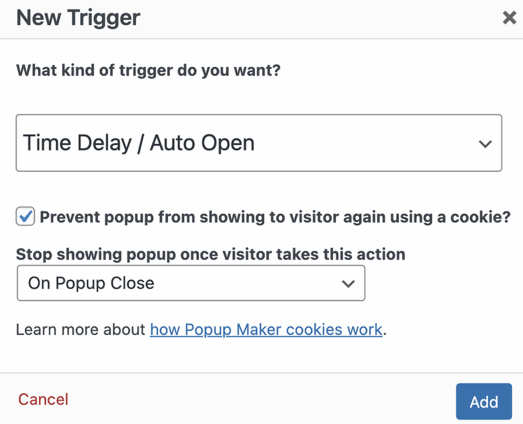 popup maker new trigger
