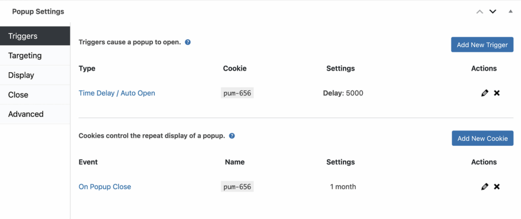 popup maker trigger settings