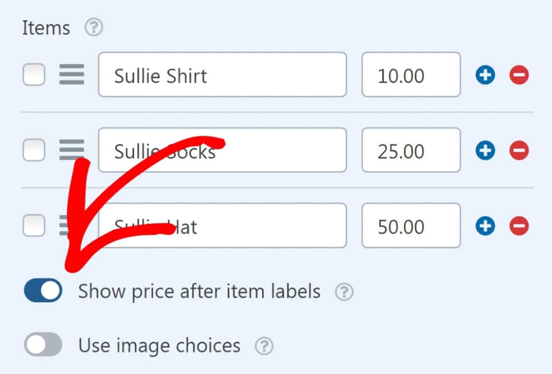 price after item labels