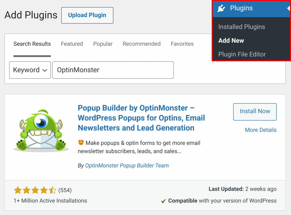 Search for the OptinMonster plugin