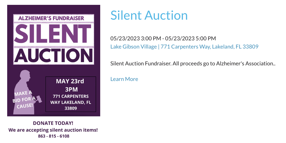 A silent auction fundraiser event listing