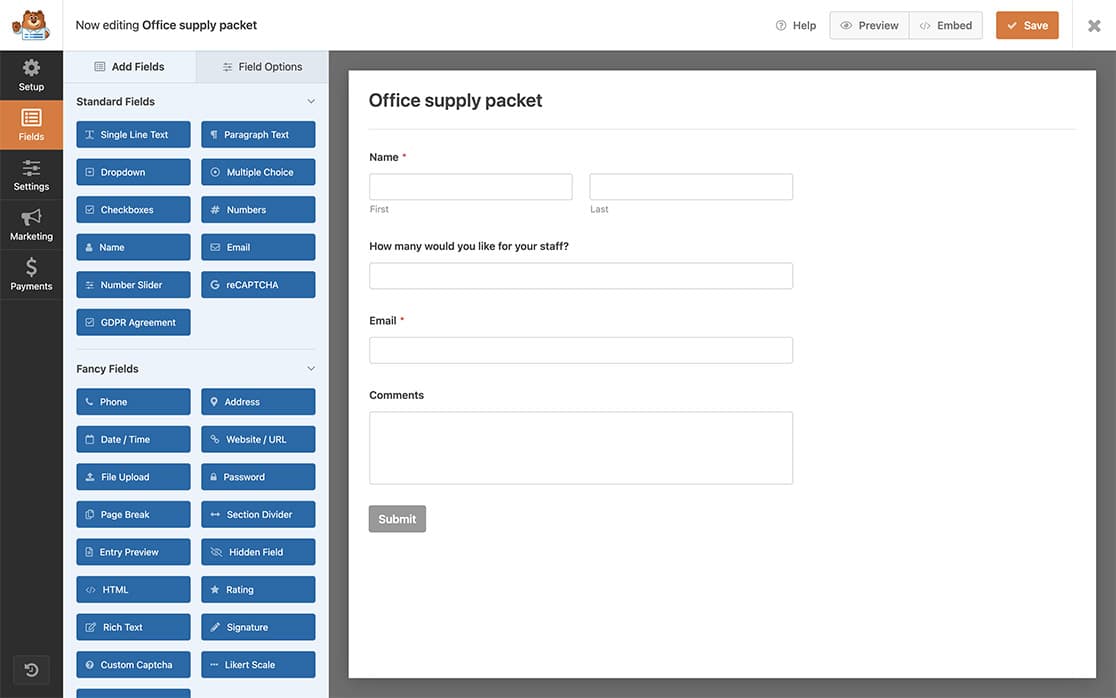 begin by creating your form and adding your fields including at least one Numbers field