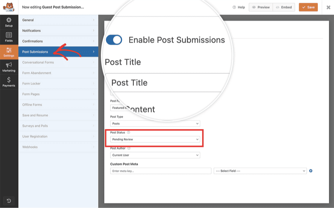 enable post submissions on the Post Submission tab found in the form builder Settings, then set the Post Status to Pending Review