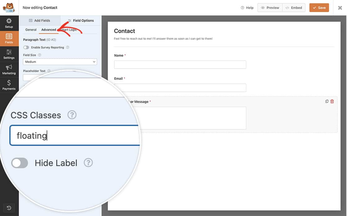 Inside the form builder under Field Options, add the floating class name to the CSS Classes