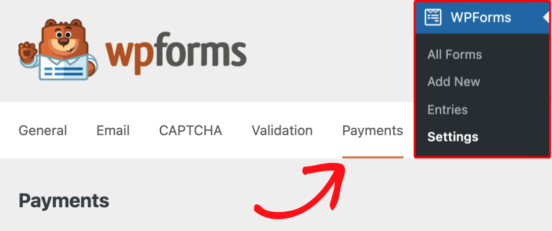 Accessing the Payments tab in WPForms 