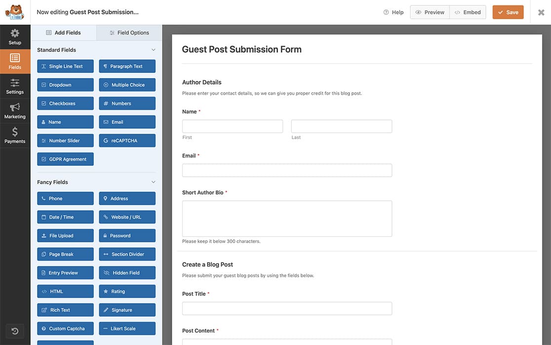 create your form to accept your post submission
