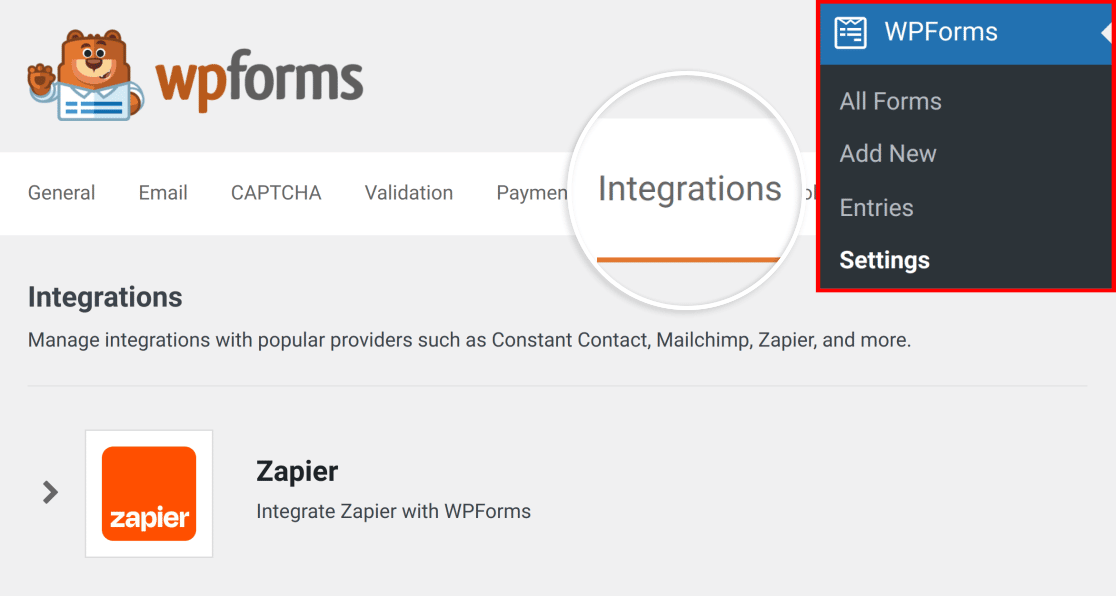 Opening the WPForms integrations settings