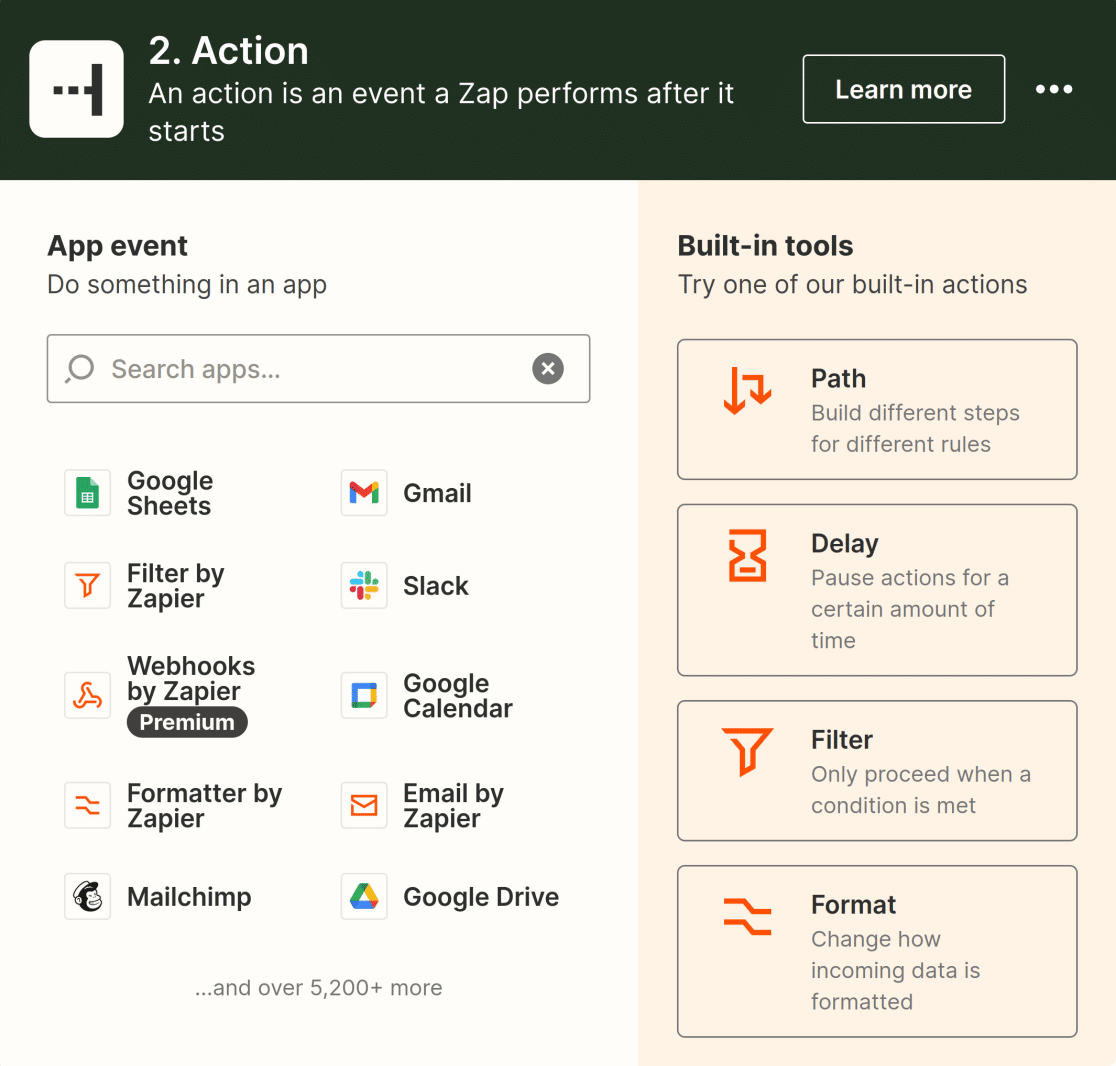 Choosing the app for your zap's action in Zapier