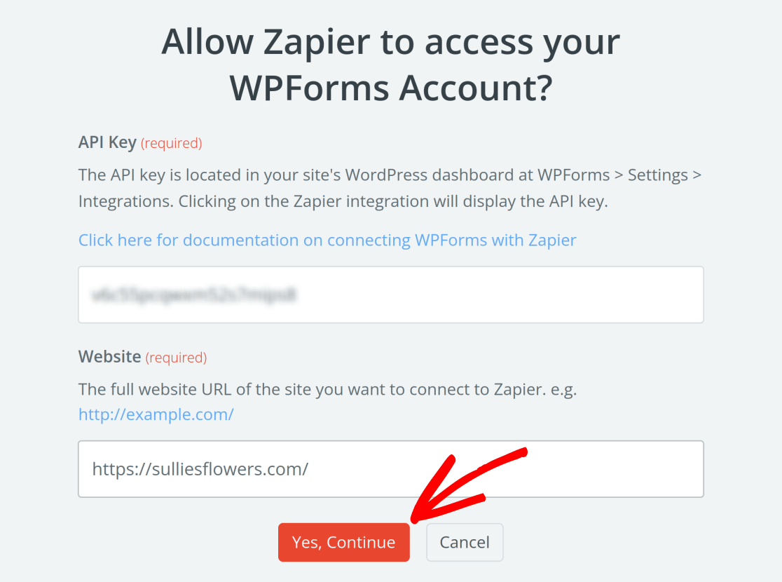 Allowing Zapier to accessing your WPForms account by providing your API key
