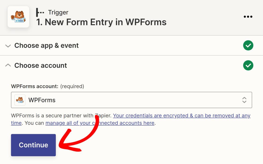 Selecting your WPForms account in Zapier