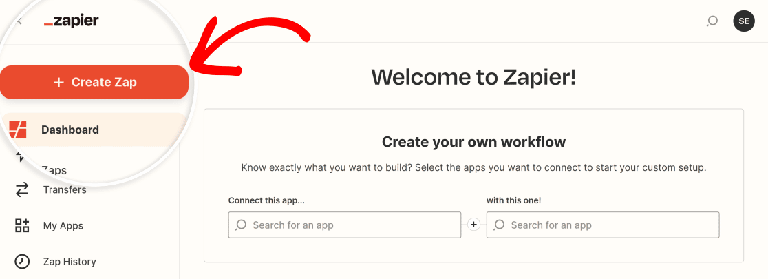 Creating a new zap in Zapier