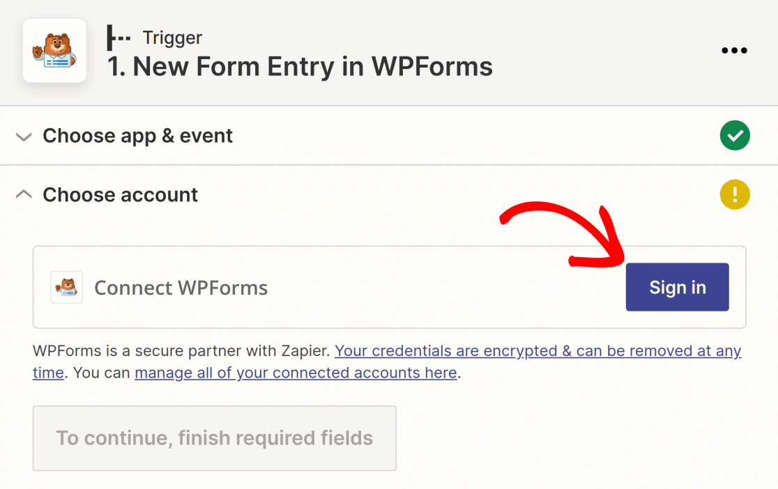 Signing in to WPForms via Zapier