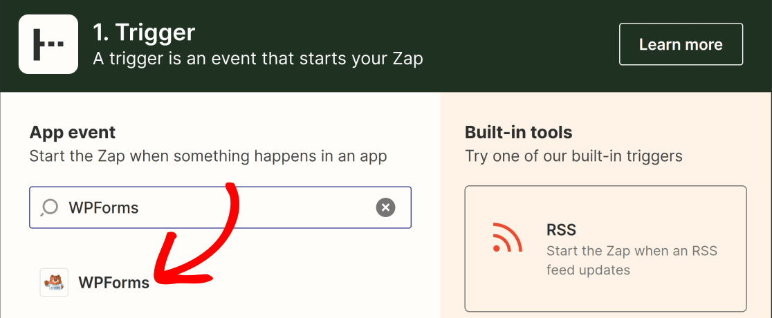 Selecting WPForms as the trigger app in Zapier