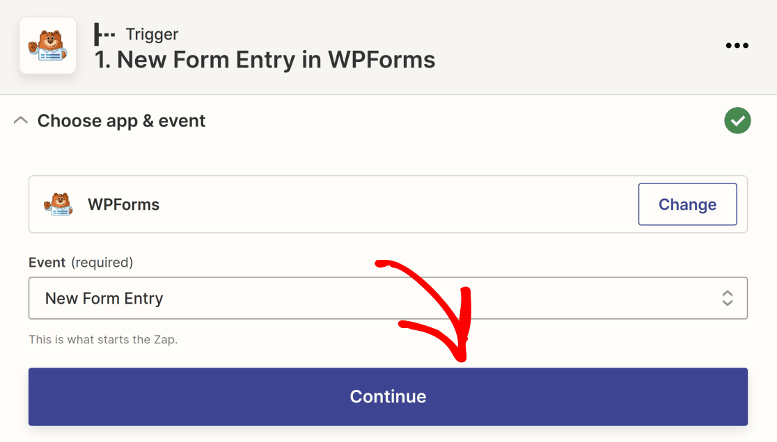 Selecting New Form Entry as the trigger event in Zapier