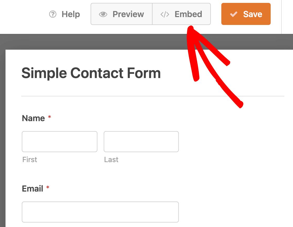Red arrow pointing to embed button