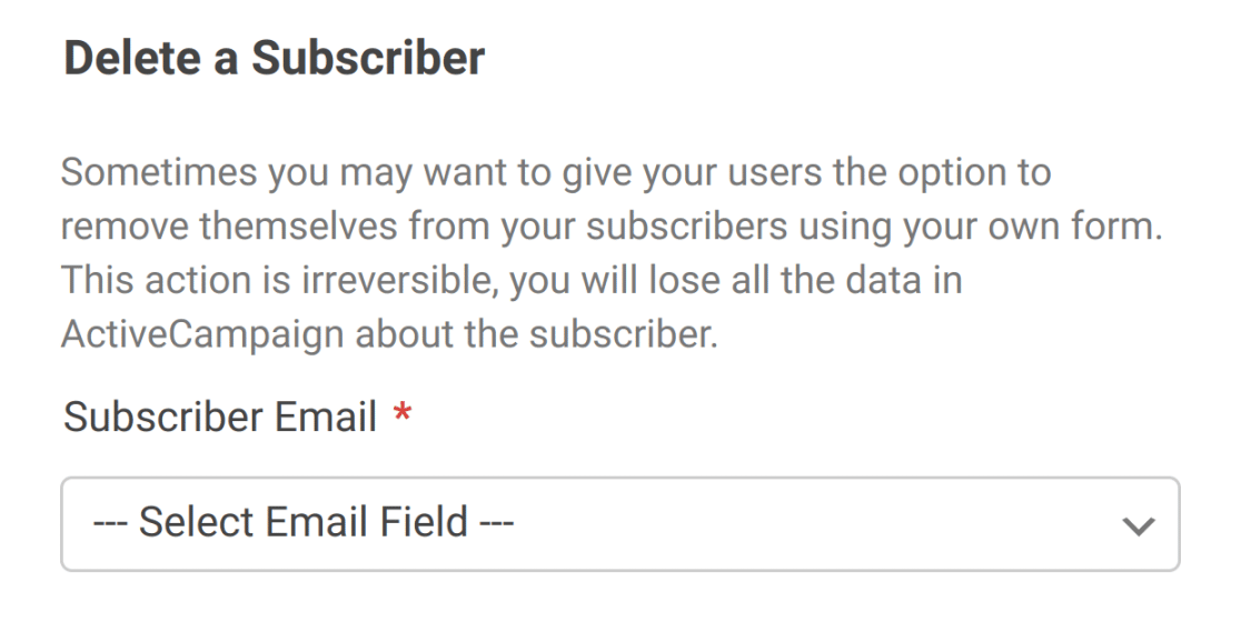 The Delete a Subscriber settings for ActiveCampaign in the form builder