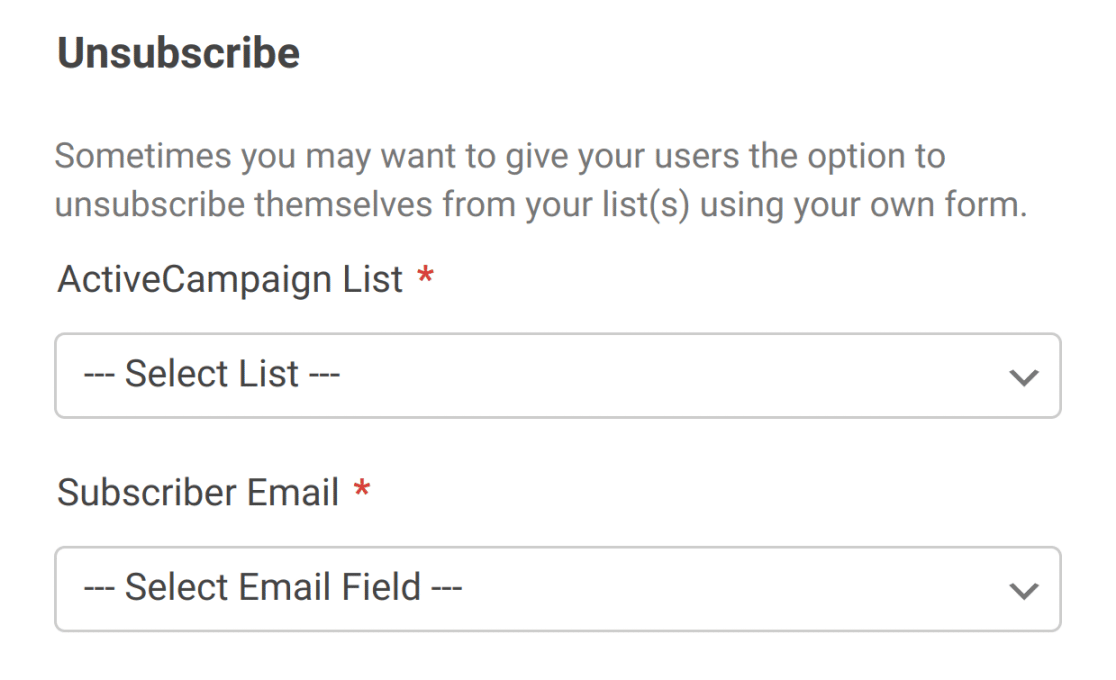 The Unsubscribe settings for ActiveCampaign in the form builder