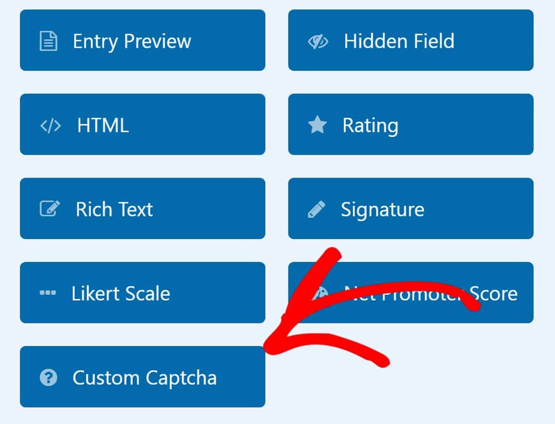Red arrow pointing to custom captcha field in form builder