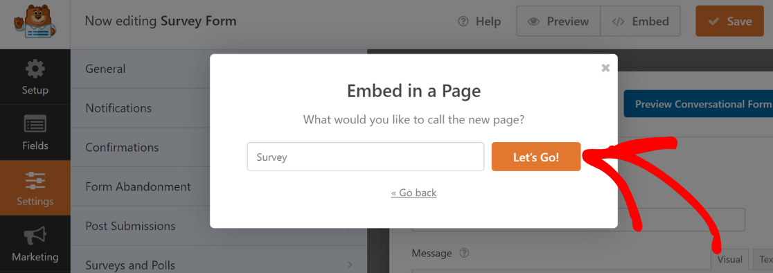 embed survey new page