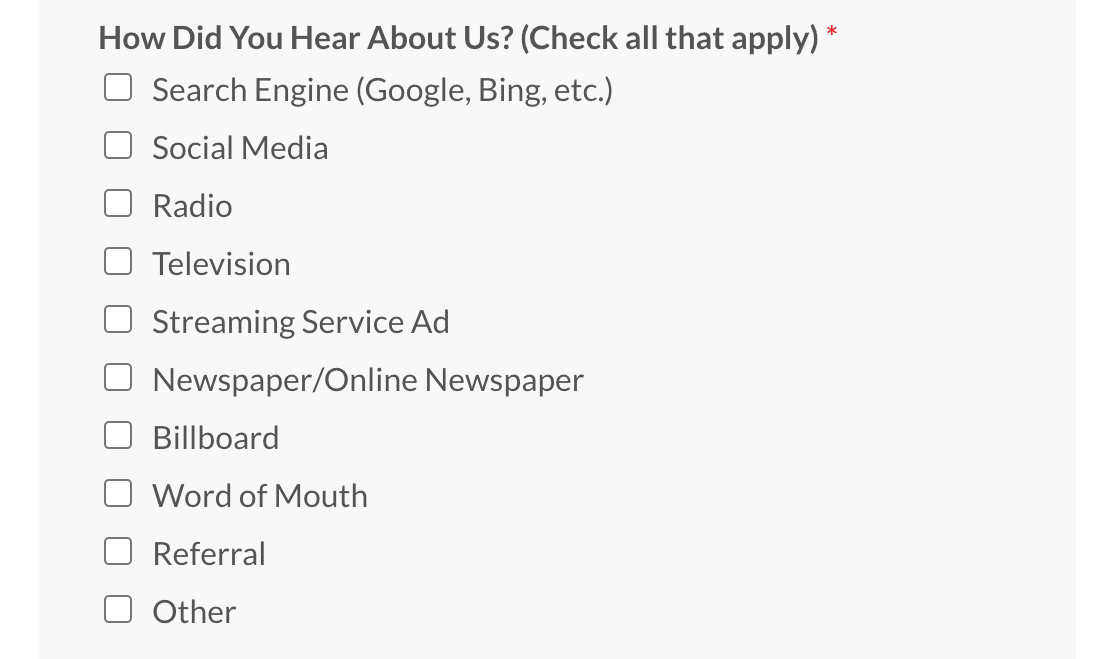how did you hear about us survey checkboxes
