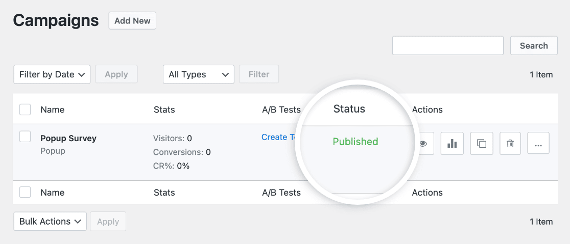 A published OptinMonster campaign in WordPress