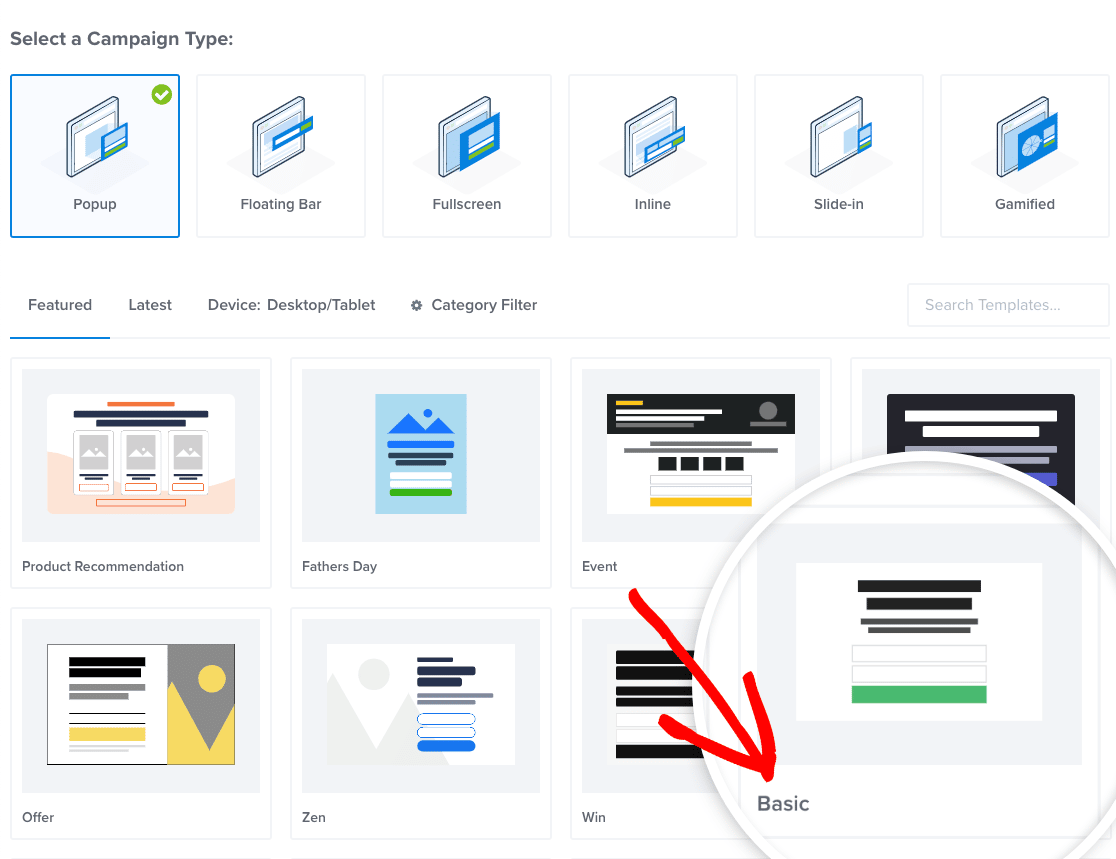 Selecting the Basic popup template in OptinMonster