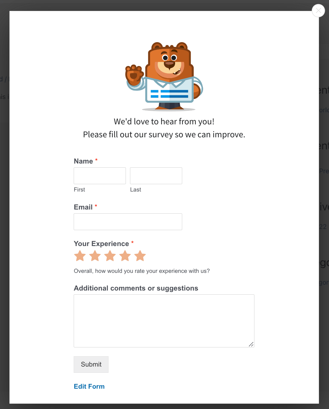 A survey popup created with OptinMonster and WPForms