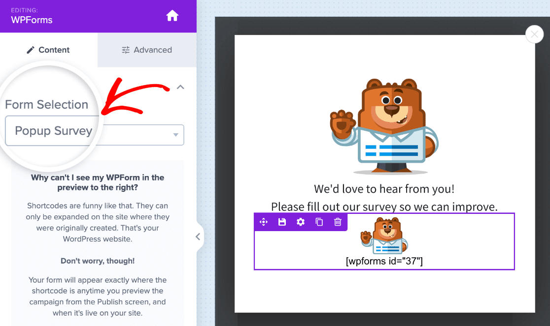 Selecting your popup survey from the WPForms block in OptinMonster