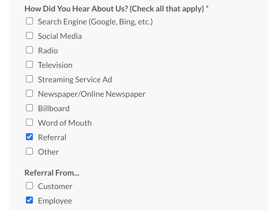 how did you hear about us survey referral checkbox