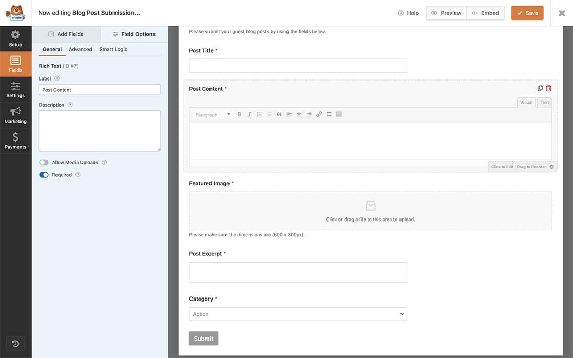 begin by creating your form and adding your fields including at least one Rich Text field