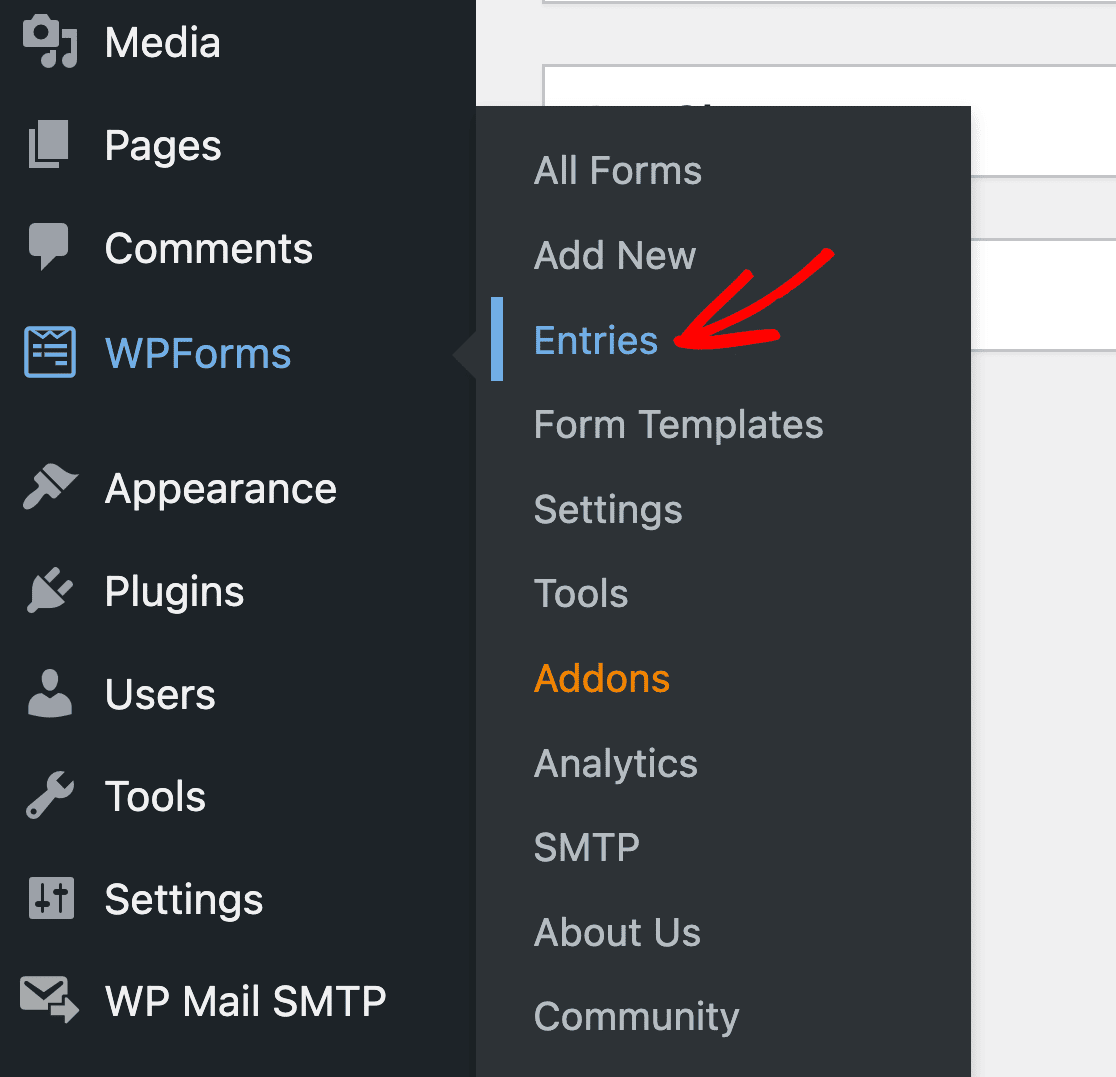 Opening the WPForms Entries page in the WordPress admin area