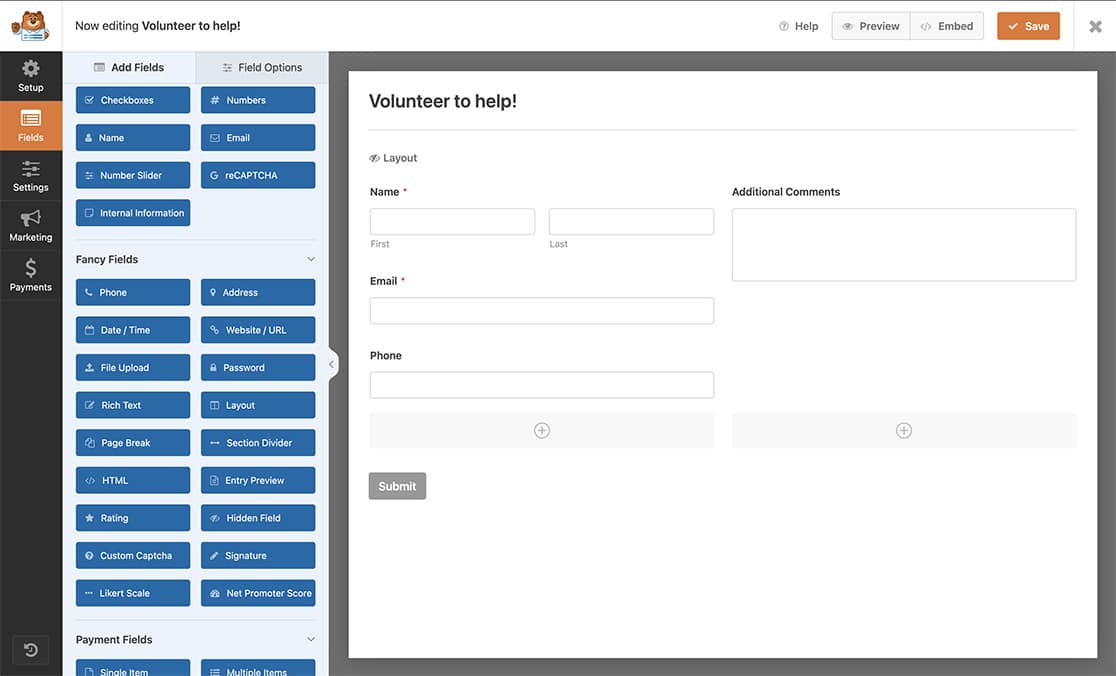 create your form and add your Layout field. Then just drag and drop your fields into place.
