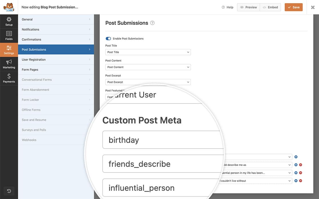 Map your form fields to your custom fields for your profile section