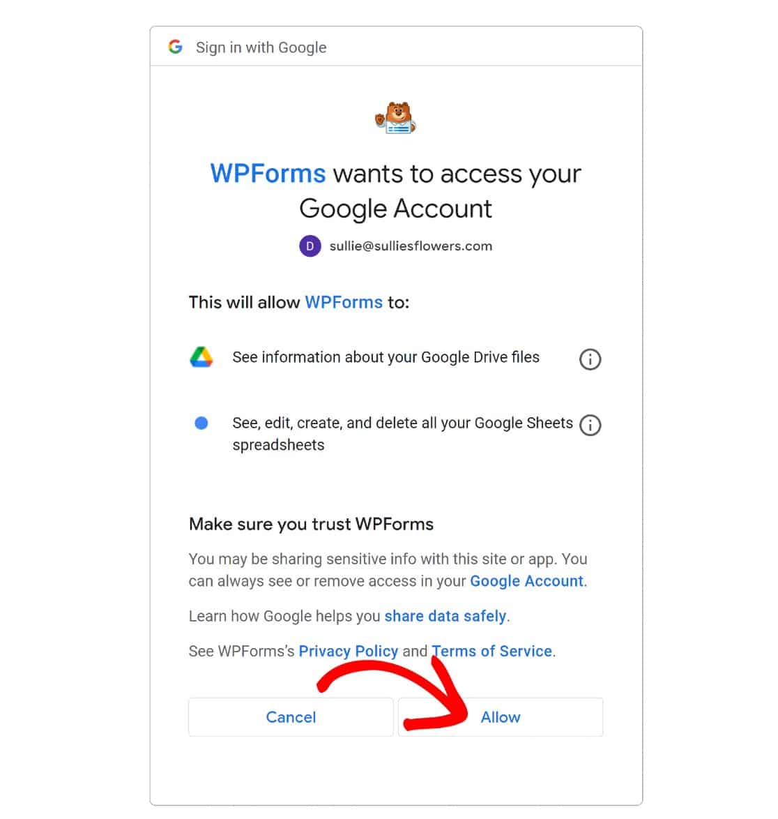 Give WPForms permission to access your Google account and connect to Google Sheets