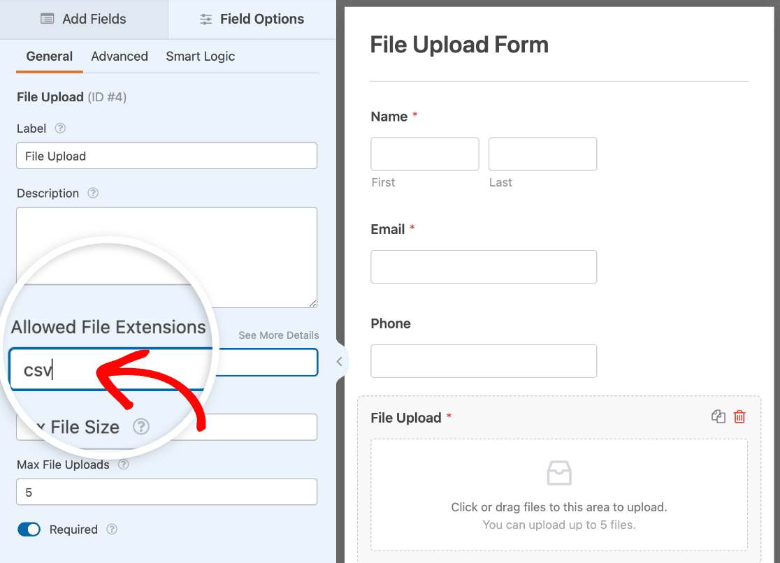 Allowing CSV files on a File Upload field