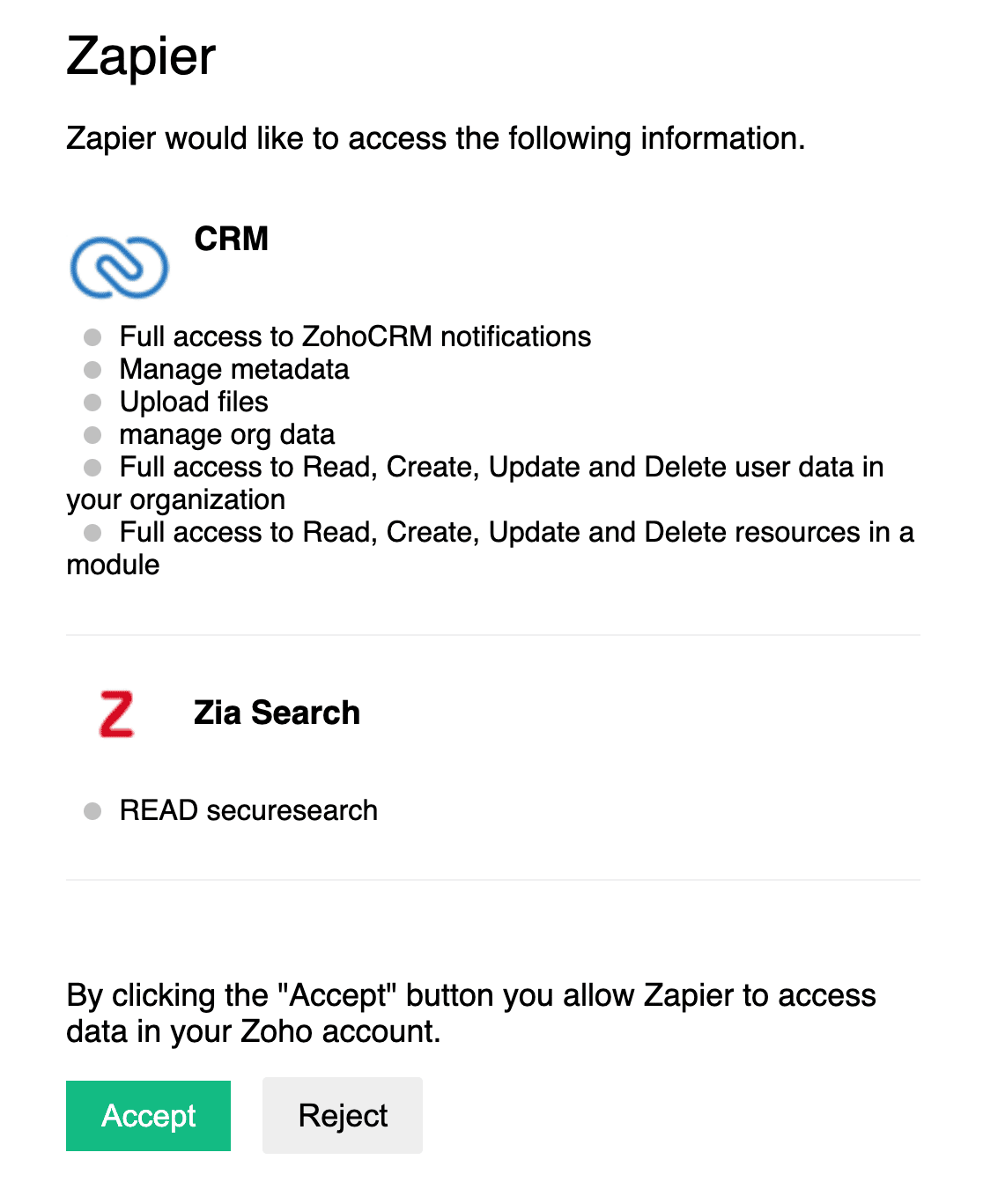 Allowing Zapier to access your Zoho account