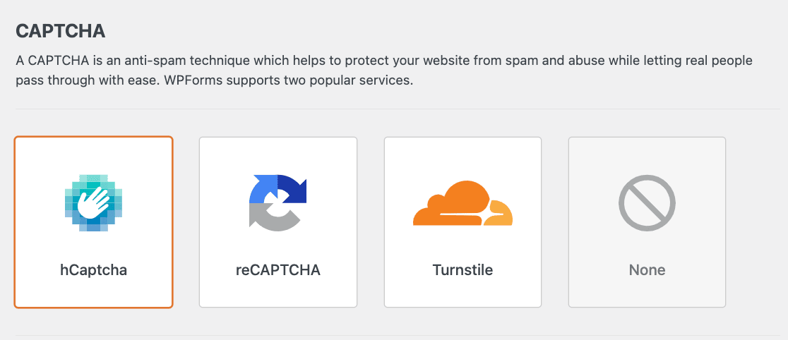 Selecting hCaptcha in the CAPTCHA settings