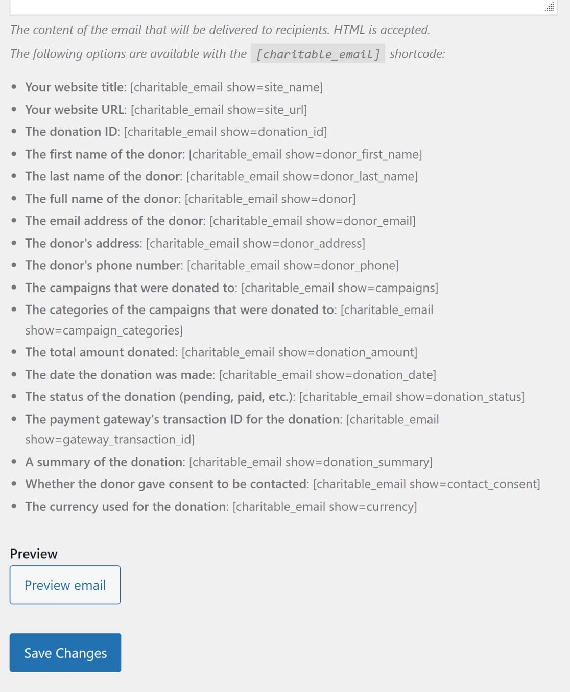 charitable email templates shortcodes