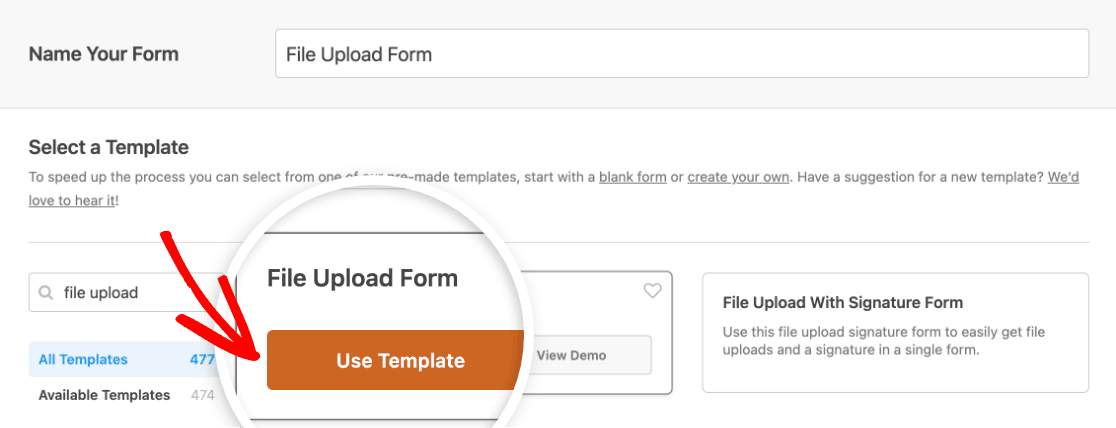 Choosing the File Upload Form template