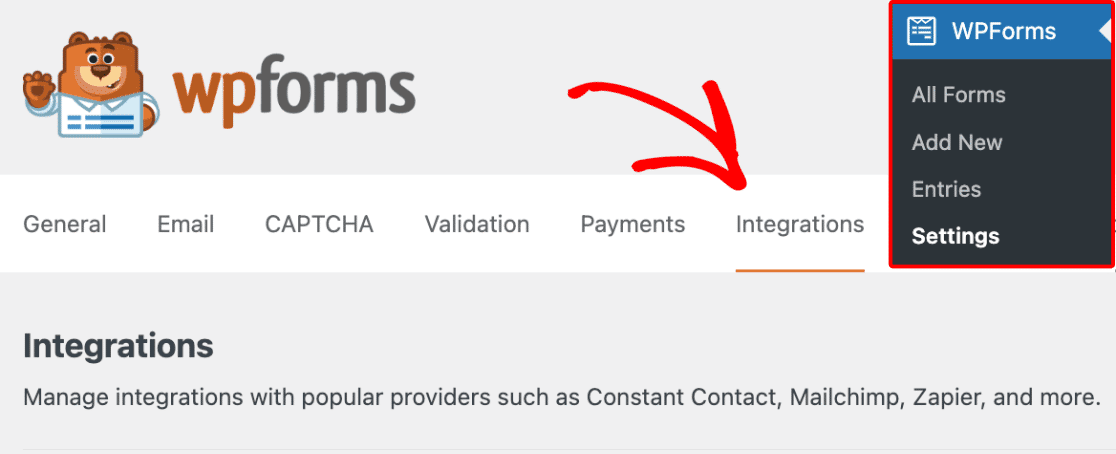 Access Integrations settings on WPForms