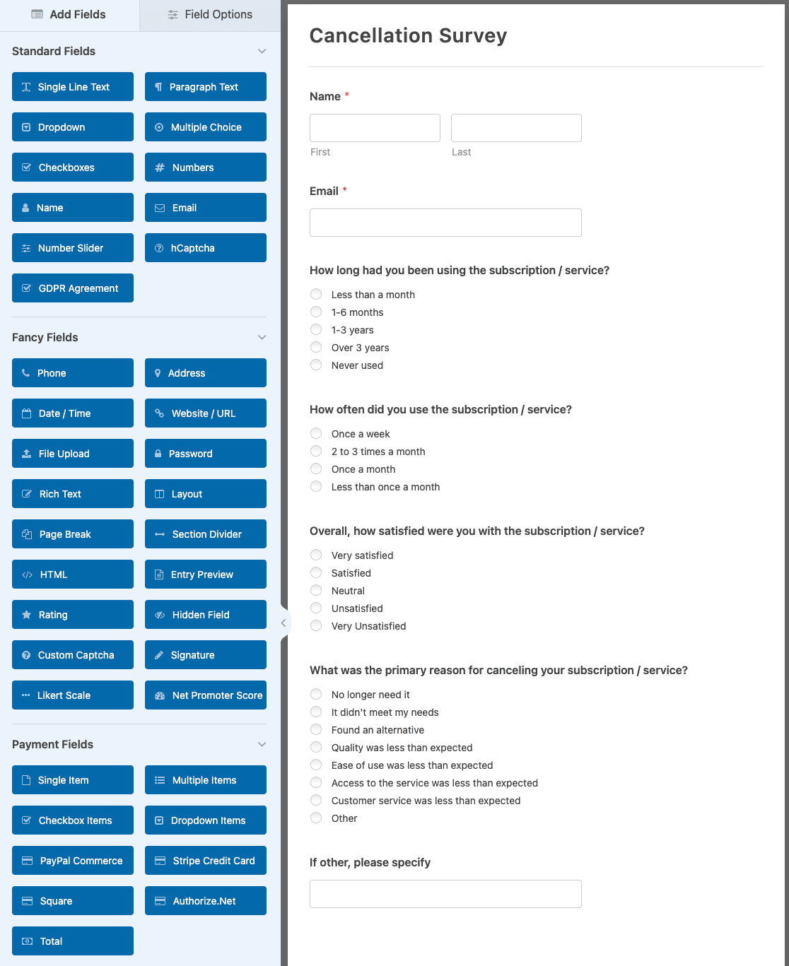 Customizing the Cancellation Survey Form template