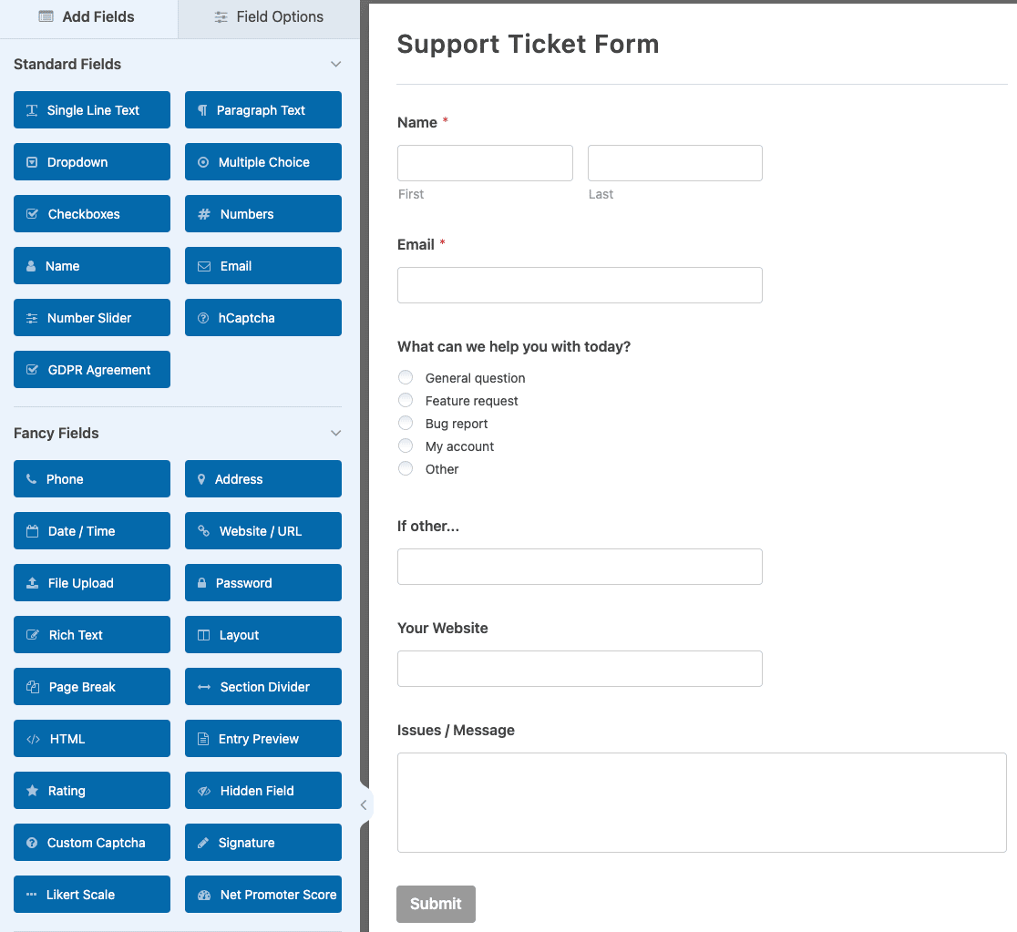 Customizing the Support Ticket Form template