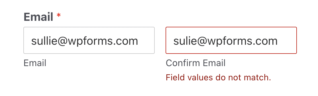 The validation message for an email confirmation field