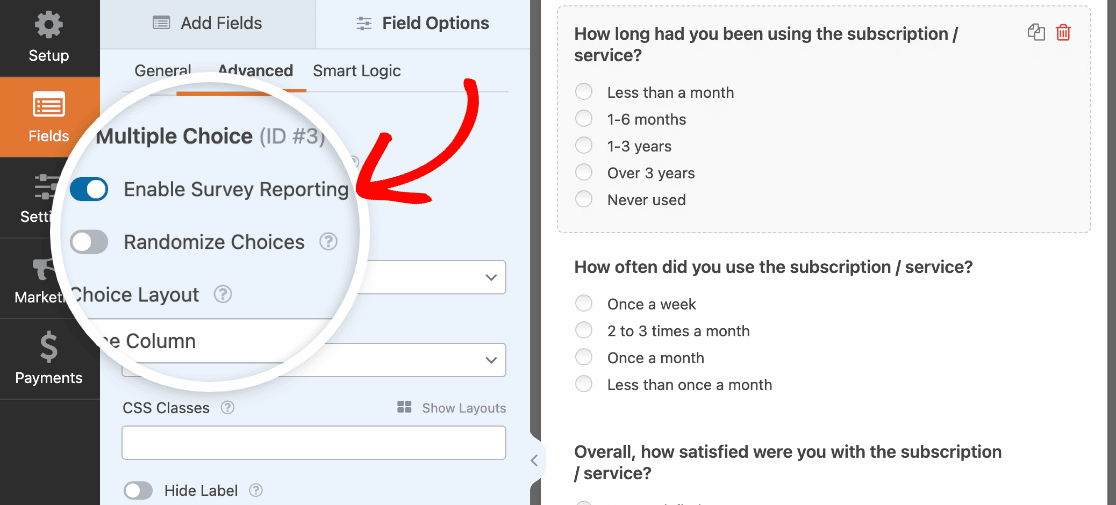 Enabling survey reporting for a field