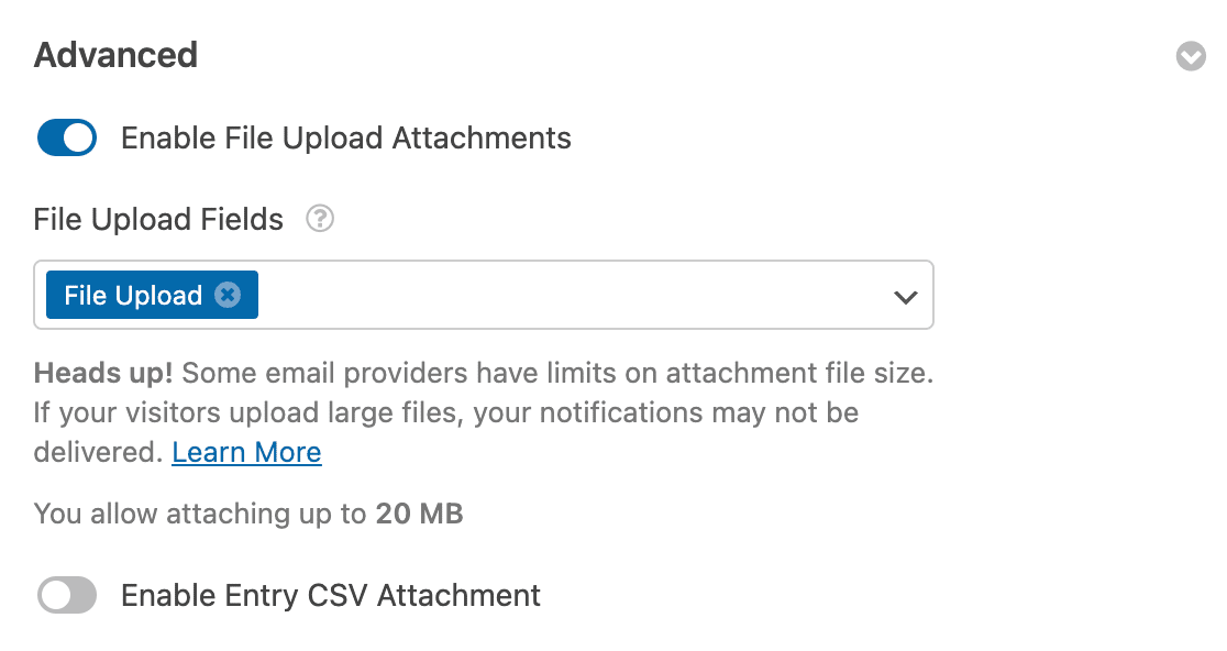Enabling file upload attachments for an email notification